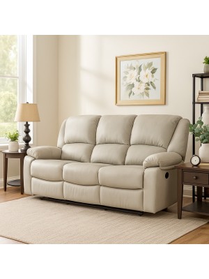 vista ambientata divano calipso 3 posti reclinabile manualmente in similpelle scamosciata sabbia modello Calipso Totò Piccinni