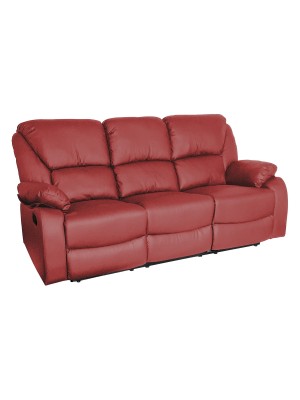 Vista diagonale di un divano 3 posti imbottito con funzione relax reclinabile e poggiapiedi in ecopelle rosso bordeaux Calipso Totò Piccinni