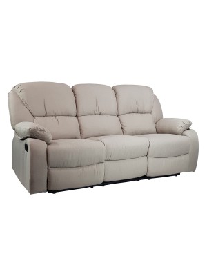 Vista diagonale di un divano 3 posti imbottito con funzione relax reclinabile e poggiapiedi in tessuto beige Calipso Totò Piccinni