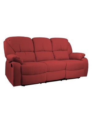 Vista diagonale di un divano 3 posti imbottito con funzione relax reclinabile e poggiapiedi in tessuto rosso bordeaux Calipso Totò Piccinni