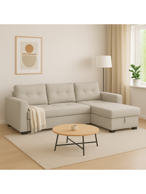 Divano Angolare ROMA in Tessuto con Contenitore e Cassettone (Beige)