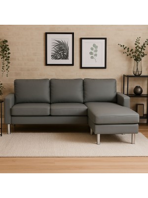 Vista ambientata Divano angolare 3 posti in similpelle imbottita colore Grigio modello Apollo Totò Piccinni