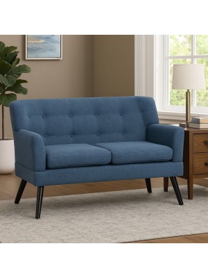 Divano 2 Vista ambientata Posti in tessuto colore Patchwork Blu con braccioli e piedi in legno modello Ketty Totò Piccinni