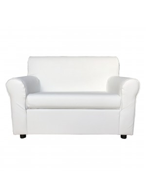 Fronte di un divano 2 posti imbottito con braccioli artigianale in ecopelle Bianca Totò Piccinni