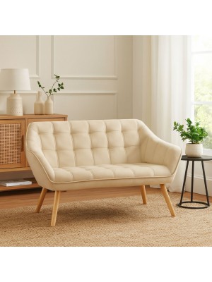 Vista ambientata Divano 2 Posti a in Velluto imbottito colore Beige con piedini in Legno modello Dama Totò Piccinni