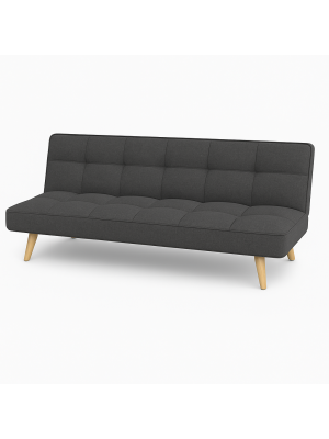Vista diagonale Divano Letto imbottito in Tessuto Antracite con gambe in legno e sistema Clic-Clac modello Sandwich Totò Piccinni