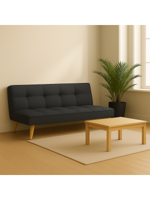 Vista ambientata Divano Letto imbottito in Tessuto Antracite con gambe in legno e sistema Clic-Clac modello Sandwich Totò Piccinni