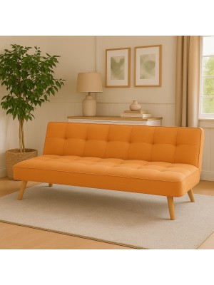 Vista ambientata Divano Letto imbottito in Tessuto Arancione con gambe in legno e sistema Clic-Clac modello Sandwich Totò Piccinni