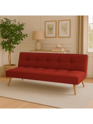 Vista ambientata Divano Letto imbottito in Tessuto Bordeaux con gambe in legno e sistema Clic-Clac modello Sandwich Totò Piccinni