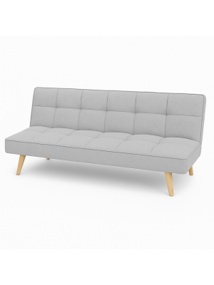 Vista diagonale Divano Letto imbottito in Tessuto Grigio Chiaro con gambe in legno e sistema Clic-Clac modello Sandwich Totò Piccinni
