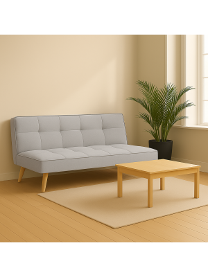 Vista ambientata Divano Letto imbottito in Tessuto Grigio Chiaro con gambe in legno e sistema Clic-Clac modello Sandwich Totò Piccinni