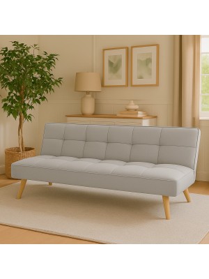 Vista ambientata Divano Letto imbottito in Tessuto Grigio Chiaro con gambe in legno e sistema Clic-Clac modello Sandwich Totò Piccinni