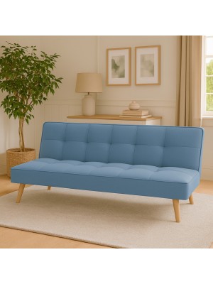 Vista ambientata Divano Letto imbottito in Tessuto Jeans con gambe in legno e sistema Clic-Clac modello Sandwich Totò Piccinni