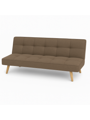 Vista diagonale Divano Letto imbottito in Tessuto Marrone con gambe in legno e sistema Clic-Clac modello Sandwich Totò Piccinni