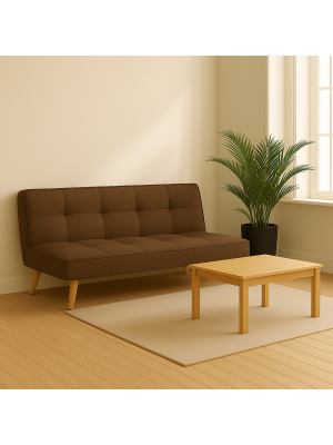 Vista ambientata Divano Letto imbottito in Tessuto Marrone con gambe in legno e sistema Clic-Clac modello Sandwich Totò Piccinni