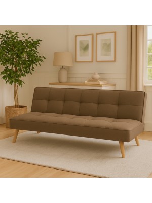 Vista ambientata Divano Letto imbottito in Tessuto Marrone con gambe in legno e sistema Clic-Clac modello Sandwich Totò Piccinni