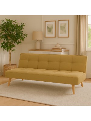 Vista ambientata Divano Letto imbottito in Tessuto Sabbia con gambe in legno e sistema Clic-Clac modello Sandwich Totò Piccinni