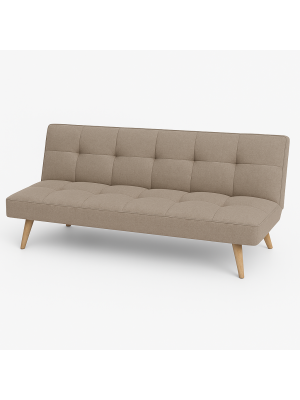 Vista diagonale Divano Letto imbottito in Tessuto Tortora con gambe in legno e sistema Clic-Clac modello Sandwich Totò Piccinni