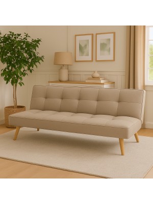 Vista ambientata Divano Letto imbottito in Tessuto Tortora con gambe in legno e sistema Clic-Clac modello Sandwich Totò Piccinni