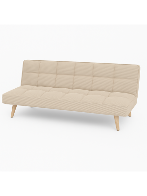 Vista diagonale Divano Letto imbottito in Velluto a Costine Beige con gambe in legno e sistema Clic-Clac modello Sandwich Totò Piccinni