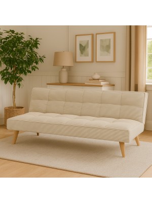 Vista ambientata Divano Letto imbottito in Velluto a Costine Beige con gambe in legno e sistema Clic-Clac modello Sandwich Totò Piccinni