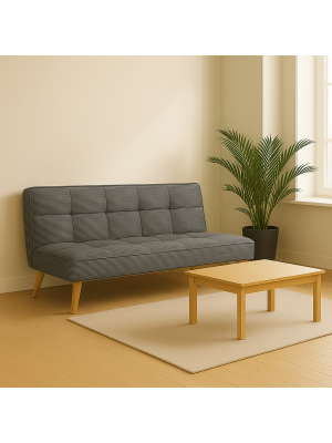 Vista ambientata Divano Letto imbottito in Velluto a Costine Grigio con gambe in legno e sistema Clic-Clac modello Sandwich Totò Piccinni
