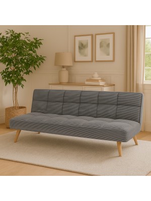 Vista ambientata Divano Letto imbottito in Velluto a Costine Grigio con gambe in legno e sistema Clic-Clac modello Sandwich Totò Piccinni