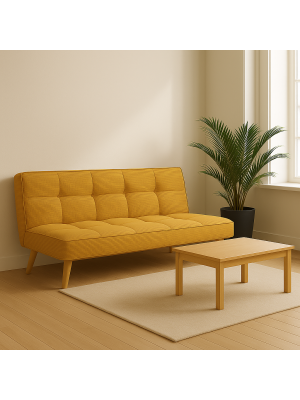 Vista ambientata Divano Letto imbottito in Velluto a Costine Senape con gambe in legno e sistema Clic-Clac modello Sandwich Totò Piccinni