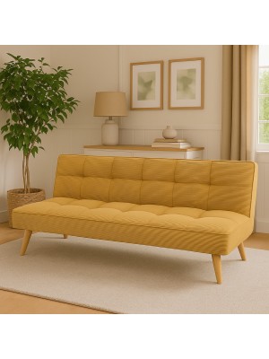 Vista ambientata Divano Letto imbottito in Velluto a Costine Senape con gambe in legno e sistema Clic-Clac modello Sandwich Totò Piccinni