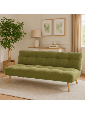 Vista ambientata Divano Letto imbottito in Velluto a Costine Verde Oliva con gambe in legno e sistema Clic-Clac modello Sandwich Totò Piccinni
