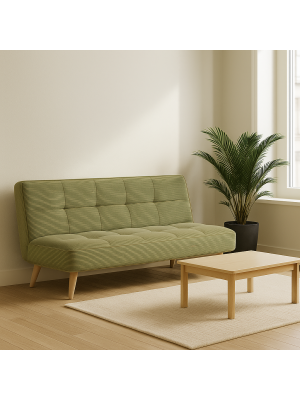 Vista ambientata Divano Letto imbottito in Velluto a Costine Verde Oliva con gambe in legno e sistema Clic-Clac modello Sandwich Totò Piccinni