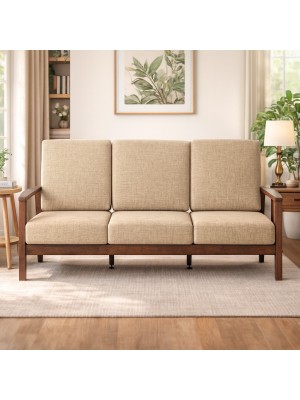 Vista ambientata Divano 3 posti design moderno colore Beige con struttura noce con cuscini modello Scirocco Totò Piccinni