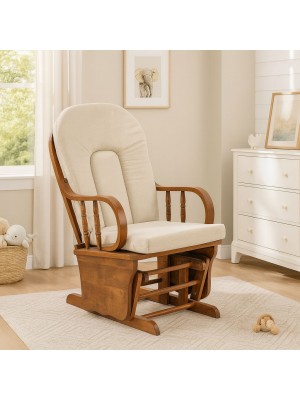 Vista ambientata Poltrona a dondolo con struttura il legno, Struttura Mogano colore Beige con cuscini modello Galles Totò Piccinni