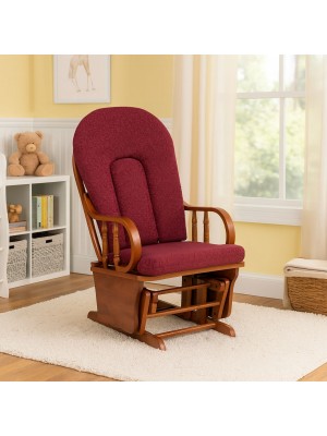 Vista ambientata Poltrona a dondolo con struttura il legno, Struttura Mogano colore Bordeaux con cuscini modello Galles Totò Piccinni