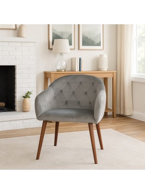 Vista ambientata poltrona in velluto trapuntato con gambe in legno Grigia