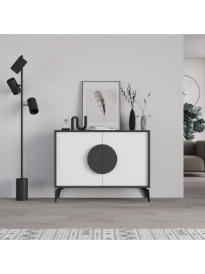 Vista frontale ambientata Madia credenza 2 ante e 1 ripiano interno colore "Antracite/Bianco" modello Circle Totò Piccinni