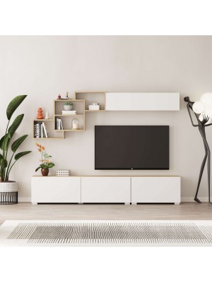 Vista frontale ambientata Parete TV in Legno con 4 ante e 4 vani colore "Naturale/Bianco" modello Quadra Totò Piccinni