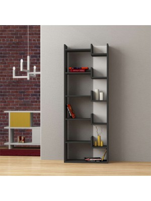 Vista frontale ambientata Libreria in Legno con 6 vani colore "Antracite/Bianco" modello Ziggy Totò Piccinni