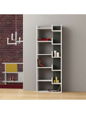 Vista frontale ambientata Libreria in Legno con 6 vani colore "Bianco/Antracite" modello Ziggy Totò Piccinni