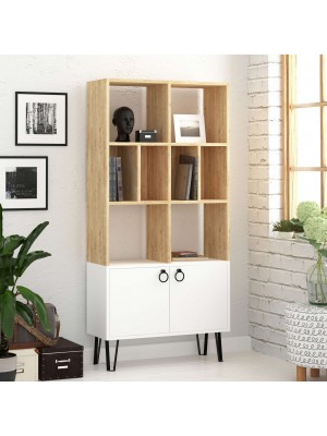 Vista ambientata Libreria 8 vani e 2 ante con piedini in metallo colore "Naturale/Bianco" modello Kuba Totò Piccinni