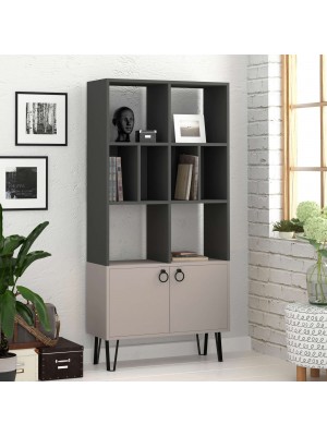 Vista ambientata Libreria 8 vani e 2 ante con piedini in metallo colore "Antracite/Tortora" modello Kuba Totò Piccinni
