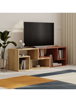 Vista ambientata Porta TV in legno orientabile con 4 vani colore "Naturale/Mattone" modello Renox Totò Piccinni