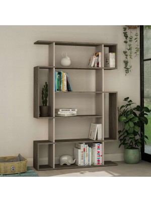 Vista diagonale ambientata Libreria in Legno colore "Rovere Fumo/Tortora" con 6 ripiani modello Mivo Totò Piccinni
