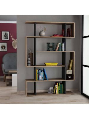 Vista diagonale ambientata Libreria in Legno colore "Naturale/Antracite" con 6 ripiani modello Mivo Totò Piccinni