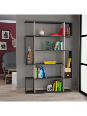 Vista diagonale ambientata Libreria in Legno colore "Antracite/Tortora" con 6 ripiani modello Mivo Totò Piccinni