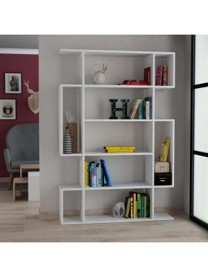 Vista diagonale ambientata Libreria in Legno colore "Bianco" con 6 ripiani modello Mivo Totò Piccinni