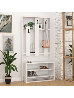 Vista ambientata Mobile Ingresso in Legno colore Bianco appendi abiti con 3 ganci e 2 vani modello Brando Totò Piccinni