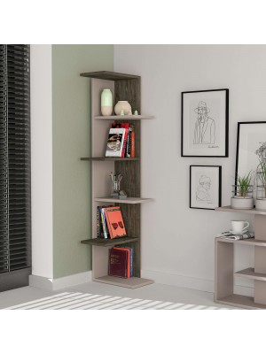 Vista ambientata Libreria angolare in legno colore Tortora/Rovere Fumo con 6 ripiani modello Kora Totò Piccinni