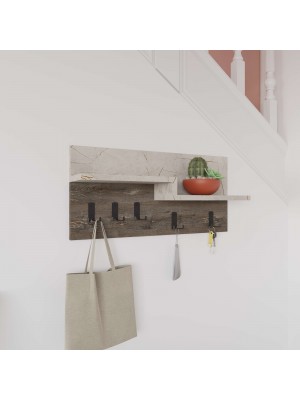 Vista ambientata Appendiabiti in legno colore "Marmo Bianco/Rovere Fumo" da parete con 5 ganci e 2 mensole modello Velto Totò Piccinni