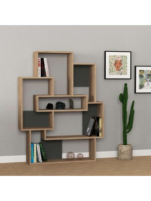 Vista ambientata Libreria in legno colore Naturale/Antracite design moderno con 6 vani modello Rectangles Toto Piccinni